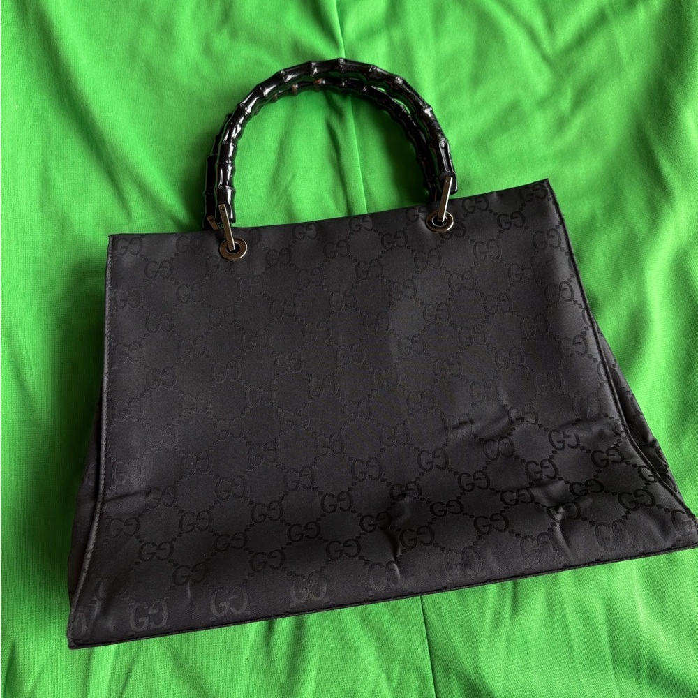 Gucci Black GG Canvas Tote with Black Bamboo-Style Handles